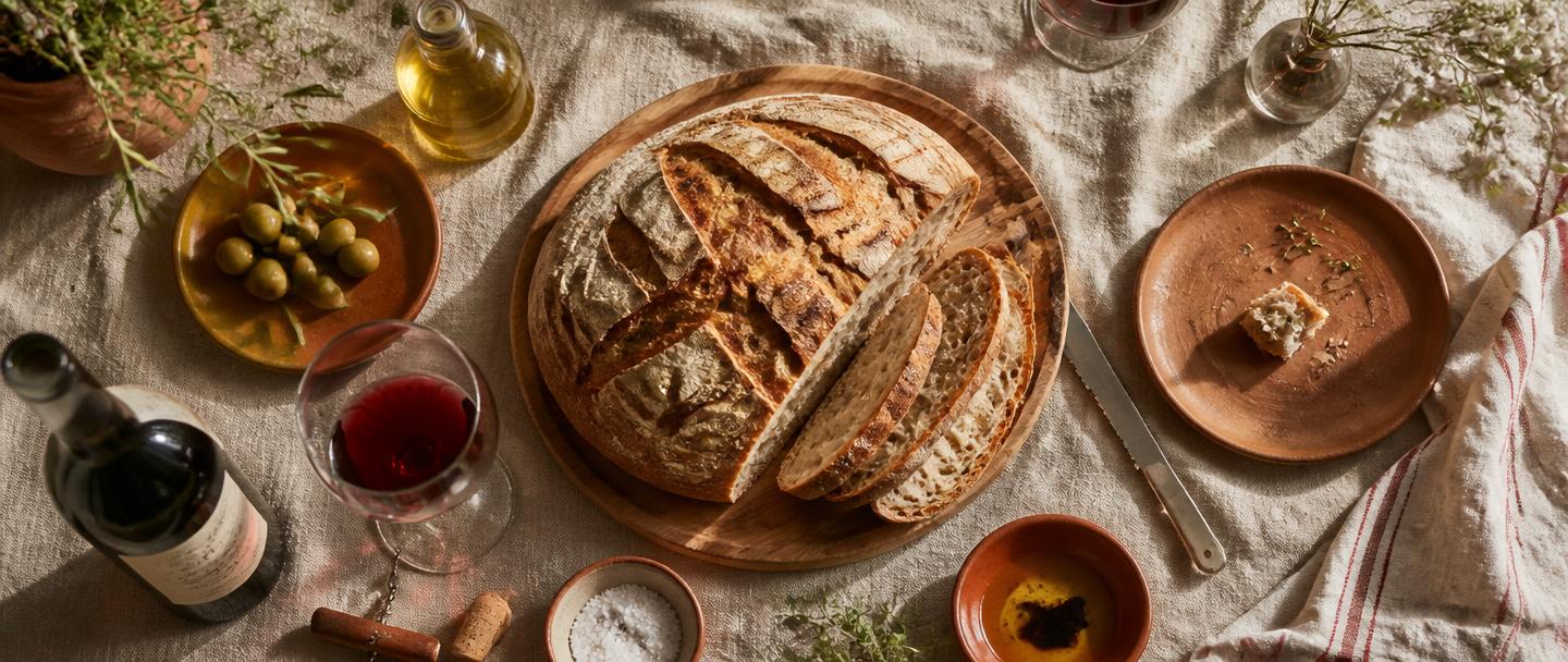 Rustic kitchen table with fresh bread and olives